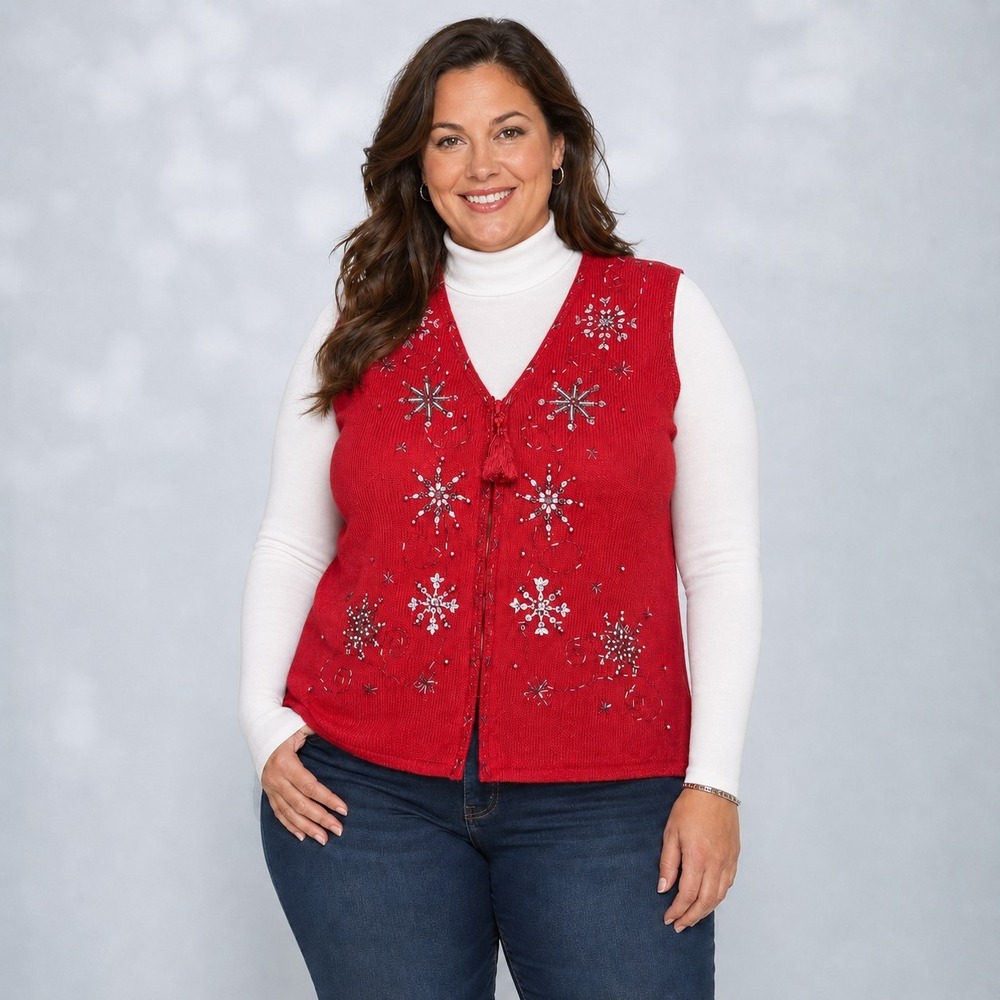 Designers Originals Red Snowflake Knit Sweater Vest Women's Large Cozy Festive